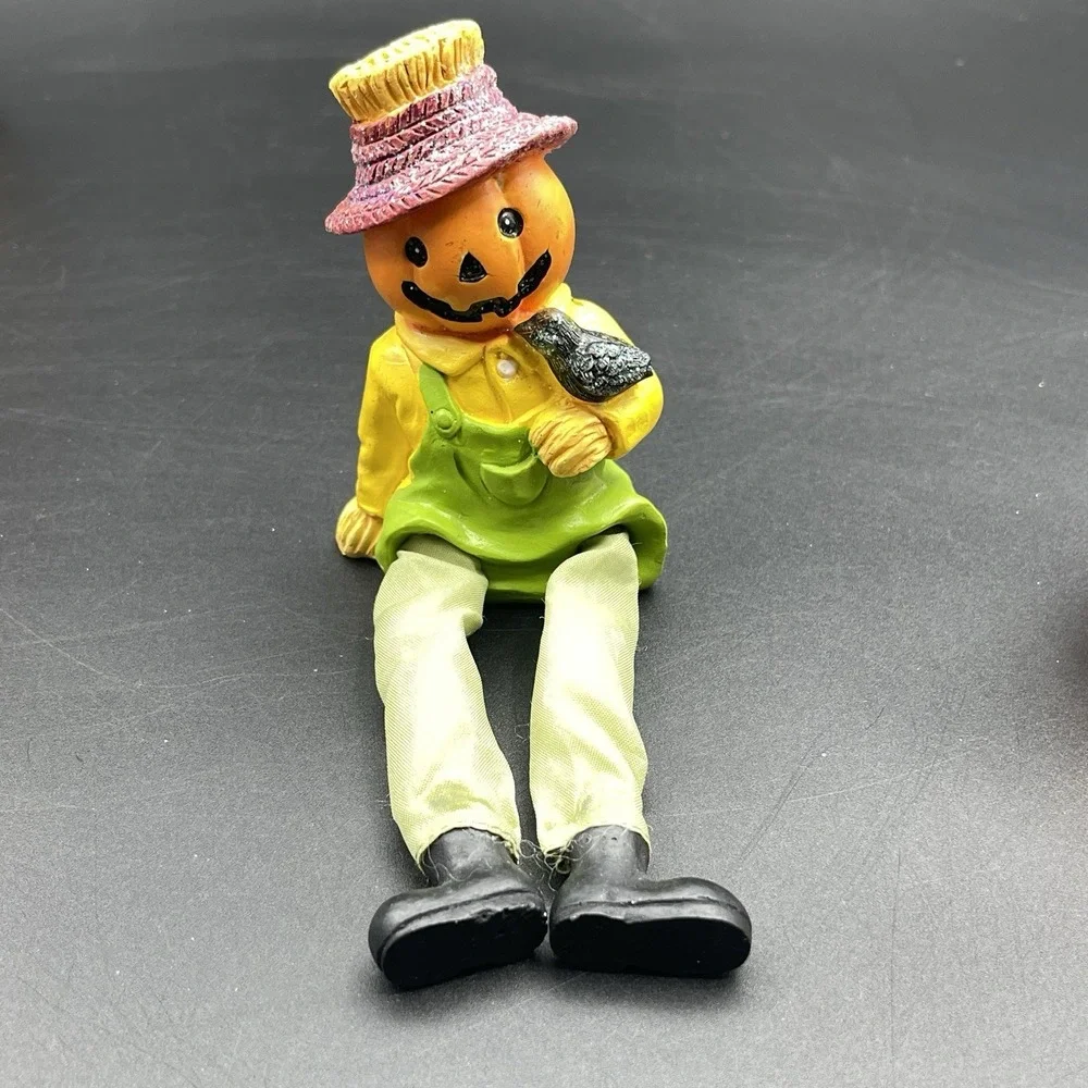 Set of 2 Halloween Jack O Lantern Shelf Sitters Pumpkin Scarecrow Witch Decor